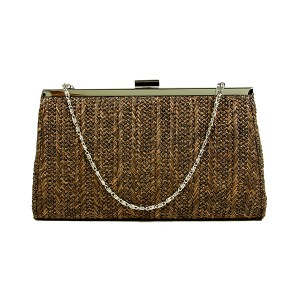 Evening Bag - 12 PCS - Braided Straw Like w/ Metal Frame - Brown - BG-92070BR